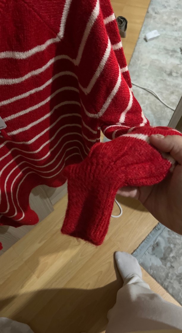 Çizgili Kırmızı Triko Kadın Kazak - Görsel 5