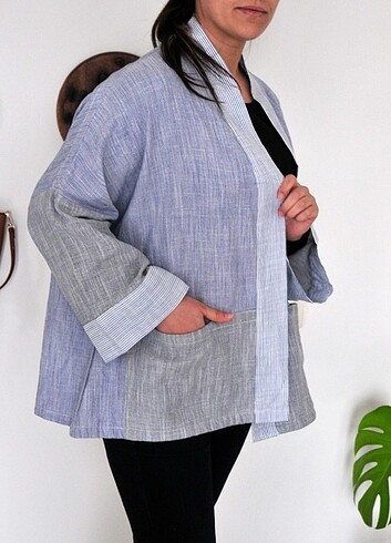 Pamuklu kumaş özel dikim sıfır kimono ceket - Görsel 5