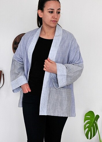 Pamuklu kumaş özel dikim sıfır kimono ceket - Görsel 7