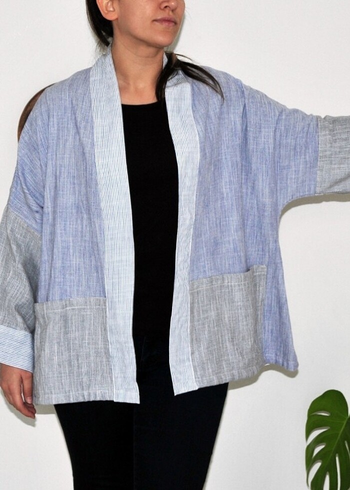 Pamuklu kumaş özel dikim sıfır kimono ceket - Görsel 3