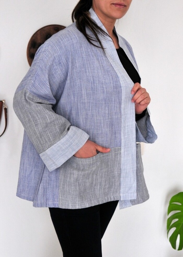 Pamuklu kumaş özel dikim sıfır kimono ceket - Görsel 5