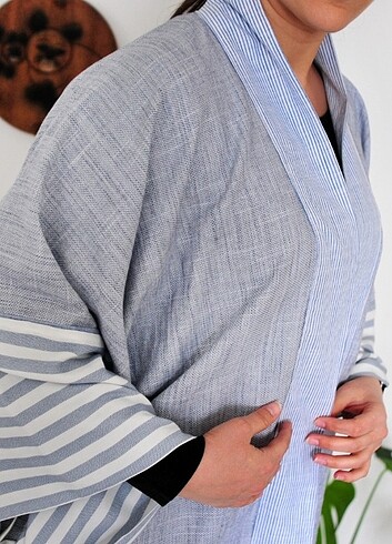 Pamuklu kumaş özel dikim sıfır kimono ceket - Görsel 3