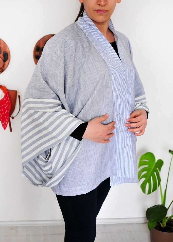 Pamuklu kumaş özel dikim sıfır kimono ceket - Görsel 5