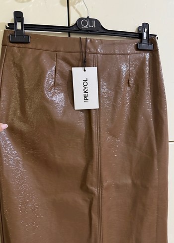 Kahverengi Parlak Deri Kemerli Midi Etek - Görsel 3
