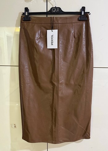 Kahverengi Parlak Deri Kemerli Midi Etek - Görsel 7