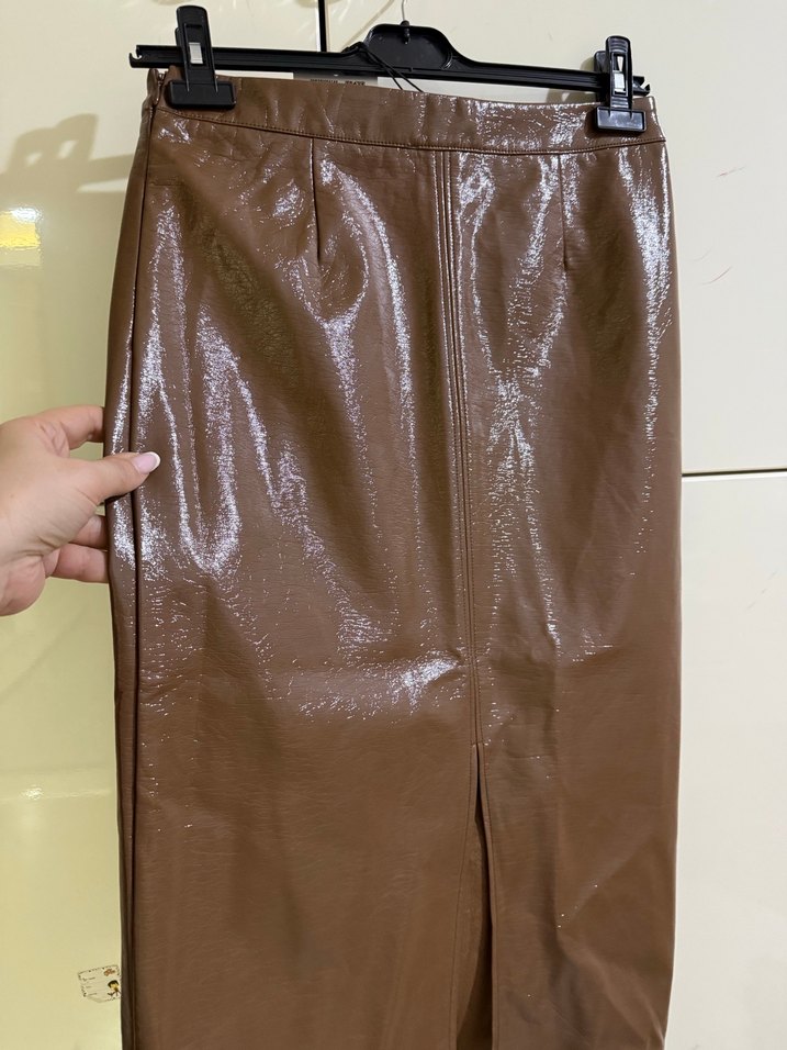 Kahverengi Parlak Deri Kemerli Midi Etek - Görsel 2