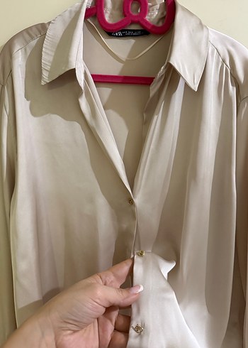 Bej V Yaka Düğmeli Kadın Gömlek - Görsel 6