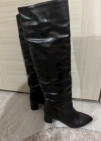 Kahverengi Deri Dizüstü Stiletto Çizme - Görsel 2