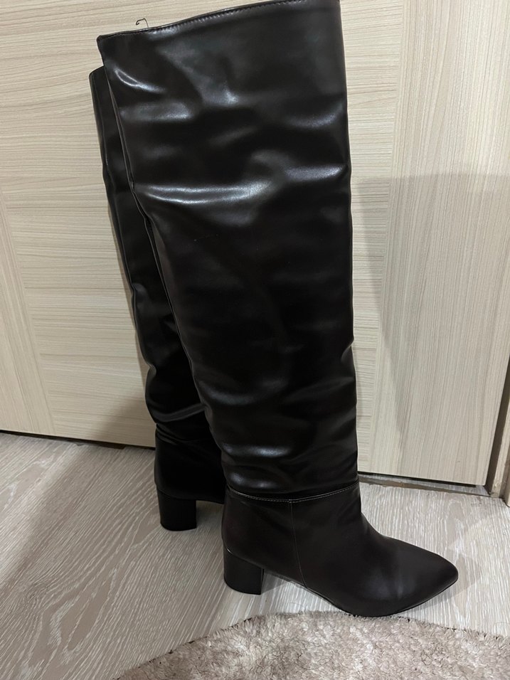 Kahverengi Deri Dizüstü Stiletto Çizme - Görsel 2