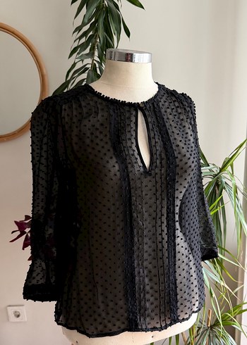 Mango Sifon Siyah Puantiyeli Dantel Detayli Bluz
