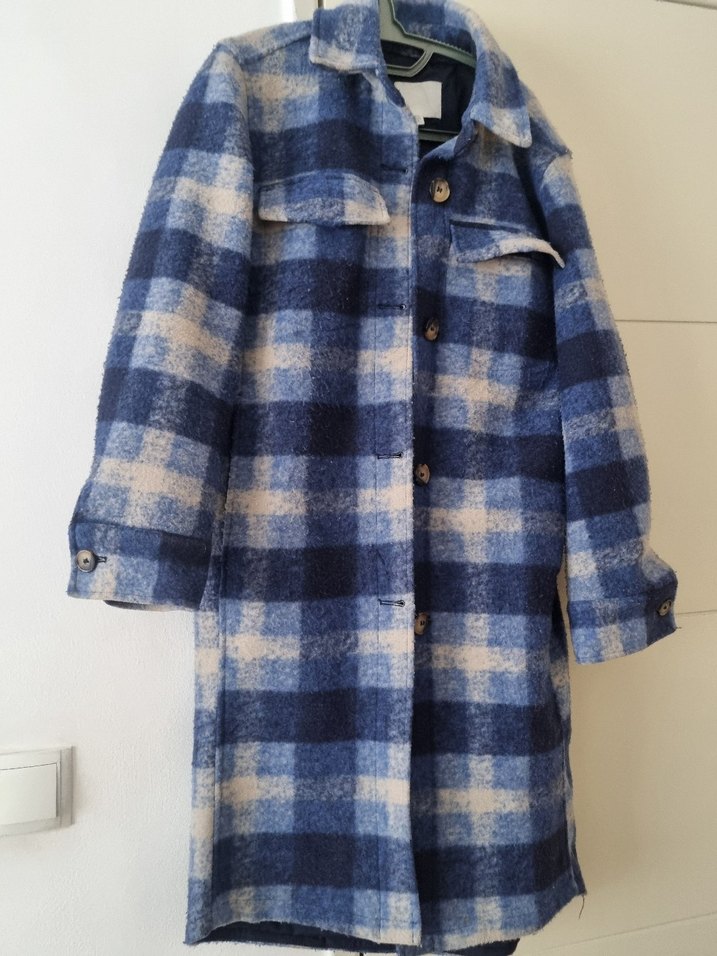 Düğmeli Mavi Kareli Kadın Kaban - Görsel 3