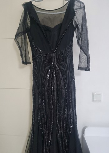 Uzun Siyah Gotik Desenli Abiye Elbise - Görsel 3