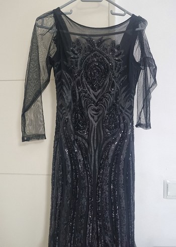 Uzun Siyah Gotik Desenli Abiye Elbise - Görsel 2