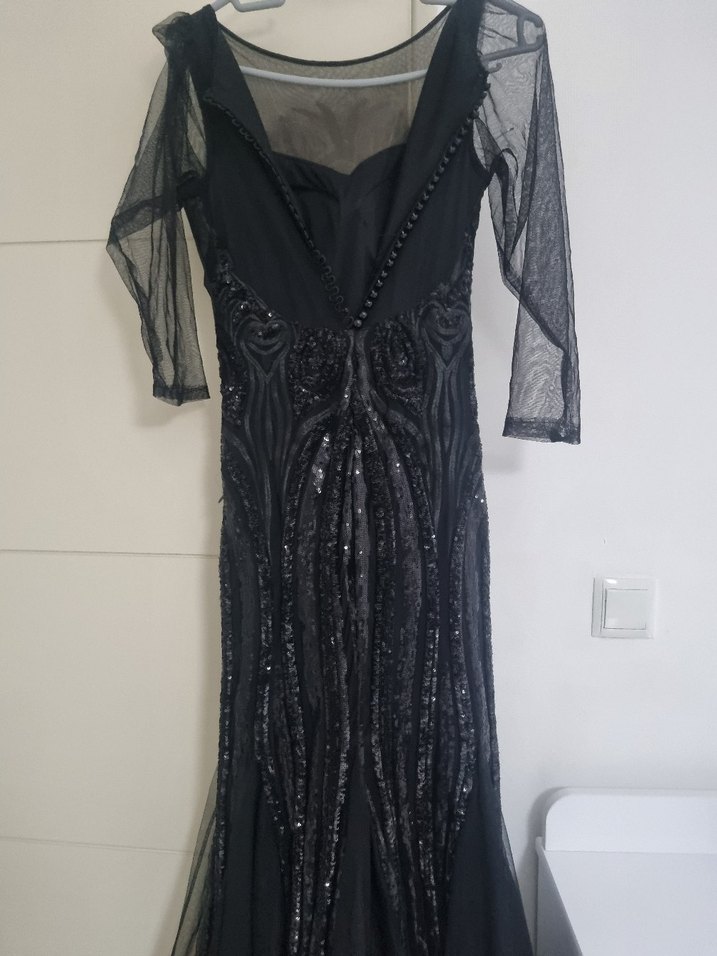 Uzun Siyah Gotik Desenli Abiye Elbise - Görsel 3