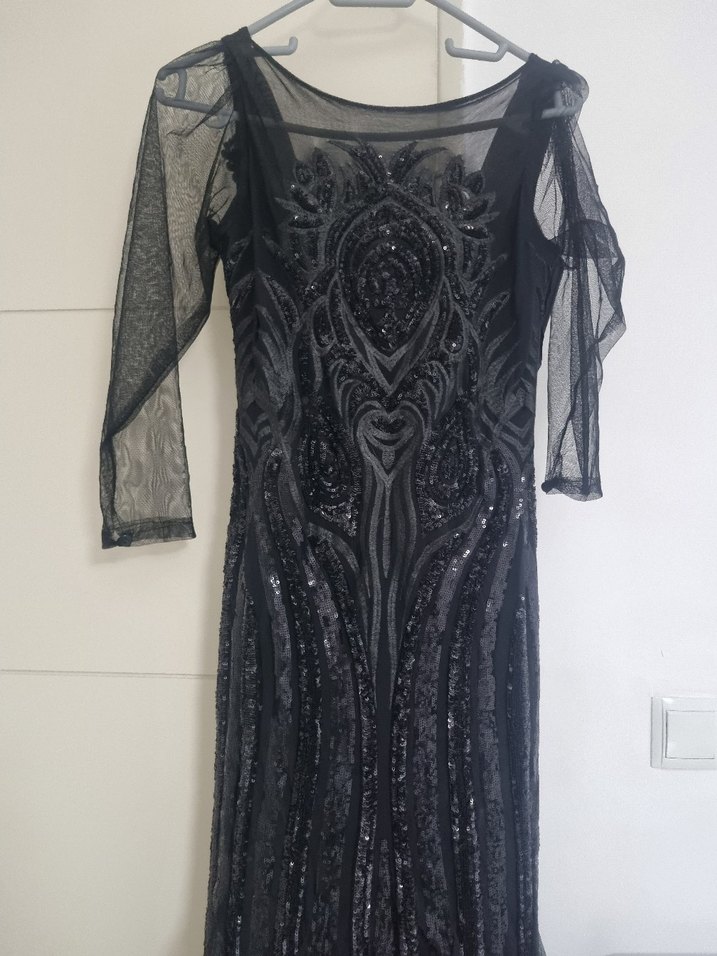 Uzun Siyah Gotik Desenli Abiye Elbise - Görsel 2