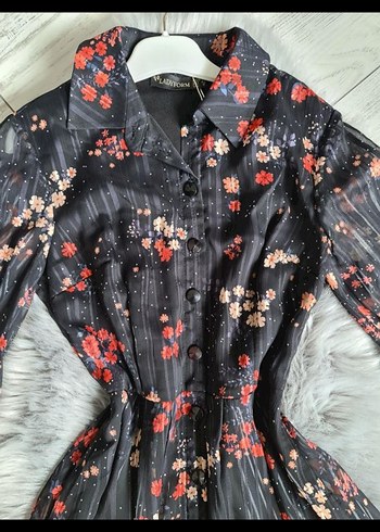 Piliseli Çiçek Desenli Siyah Uzun Elbise - Görsel 3