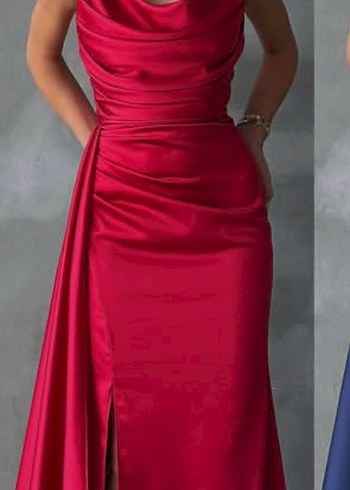 Kırmızı saten yırtmaçlı abiye - Görsel 3
