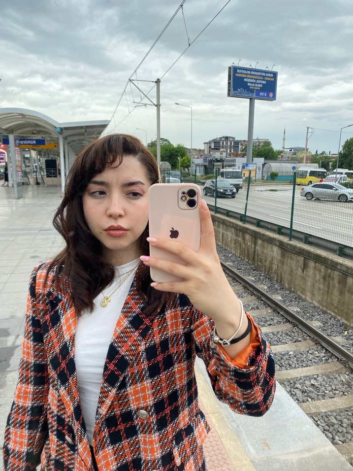 Düğmeli Renkli Kareli Kadın Blazer - Görsel 2