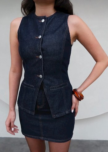 Koyu Mavi Kolsuz Kadın Kot Ceket Etek takım - Görsel 2