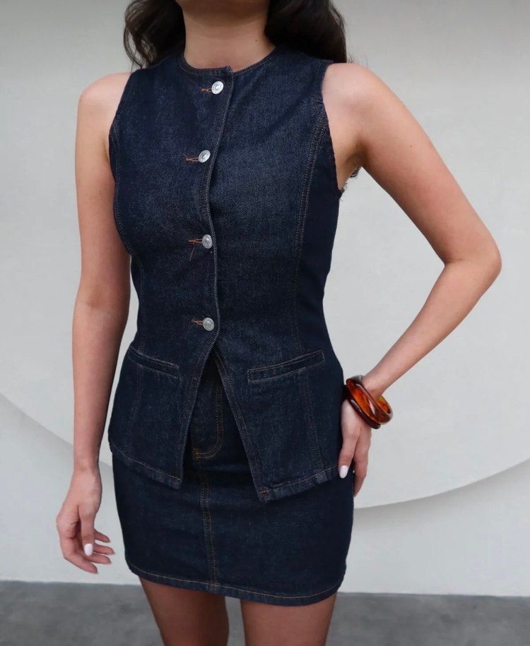 Koyu Mavi Kolsuz Kadın Kot Ceket Etek takım - Görsel 2