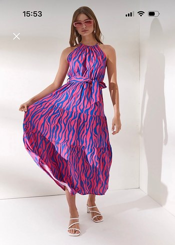 Pembe Zebra Desenli Uzun Askılı Elbise - Görsel 2