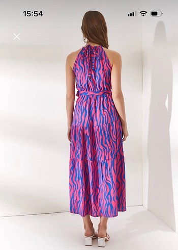 Pembe Zebra Desenli Uzun Askılı Elbise - Görsel 3