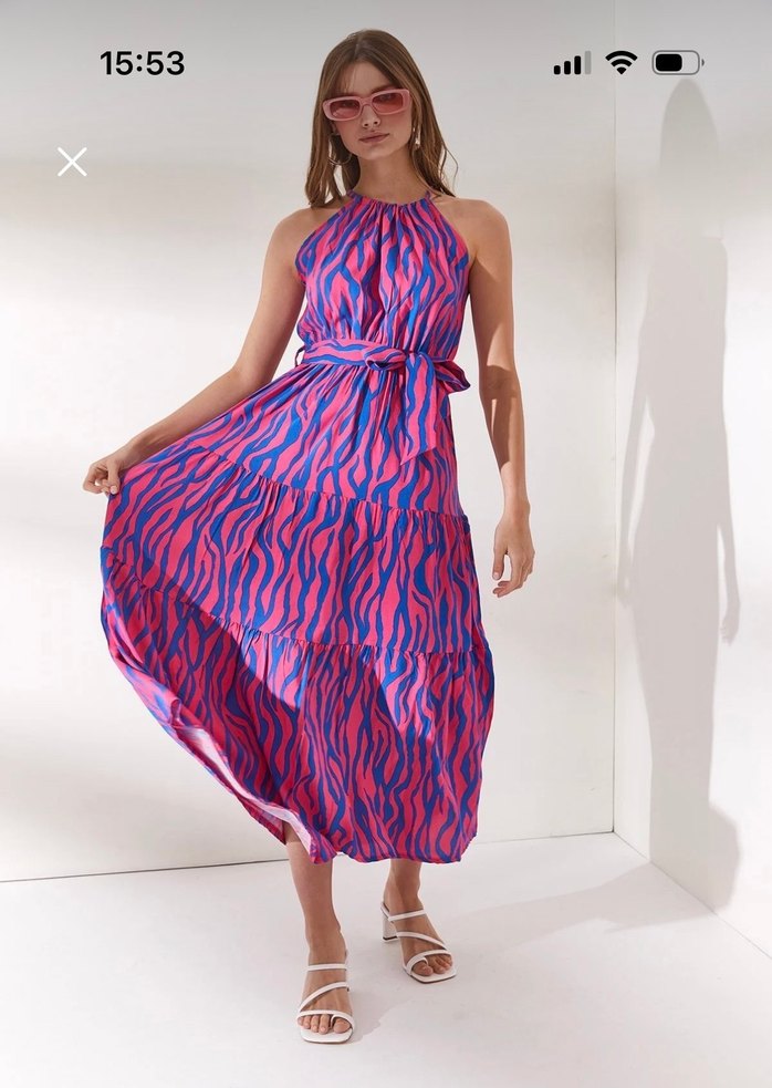 Pembe Zebra Desenli Uzun Askılı Elbise - Görsel 2