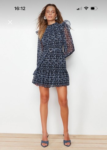 Uzun Kollu Fırfırlı Lacivert Mini Elbise - Görsel 2