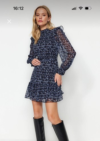 Uzun Kollu Fırfırlı Lacivert Mini Elbise - Görsel 4