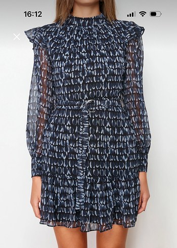 Uzun Kollu Fırfırlı Lacivert Mini Elbise - Görsel 7