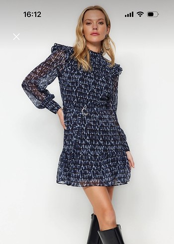 Uzun Kollu Fırfırlı Lacivert Mini Elbise - Görsel 8