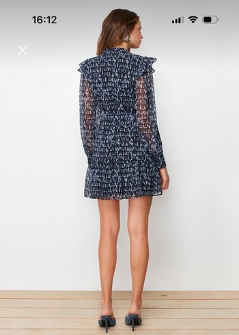 Uzun Kollu Fırfırlı Lacivert Mini Elbise - Görsel 5