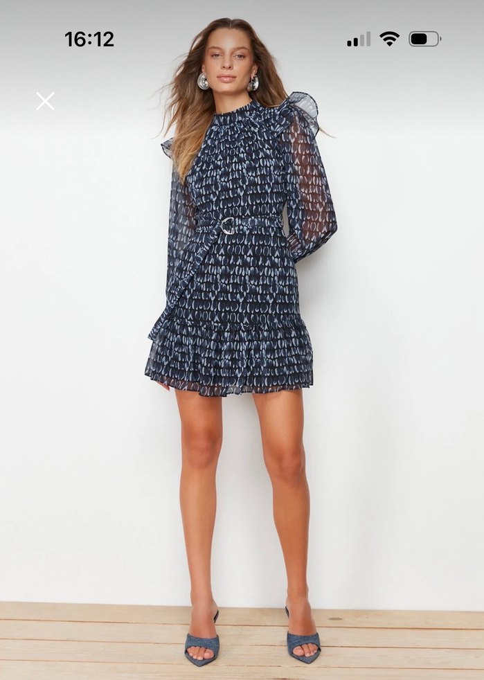 Uzun Kollu Fırfırlı Lacivert Mini Elbise - Görsel 2