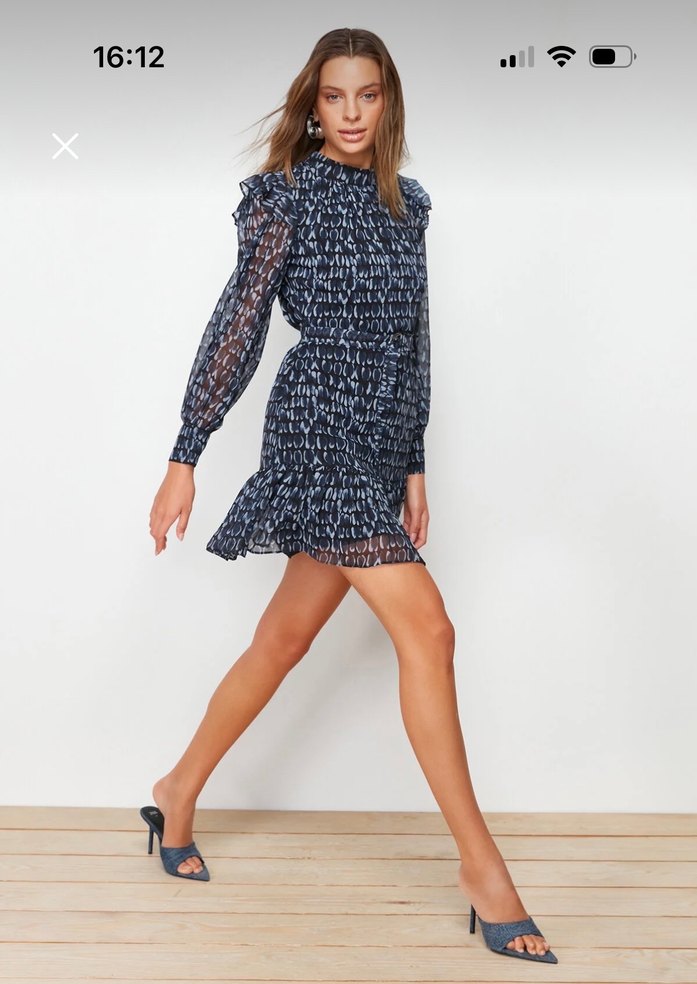 Uzun Kollu Fırfırlı Lacivert Mini Elbise - Görsel 3