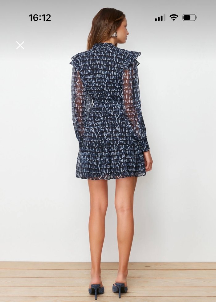 Uzun Kollu Fırfırlı Lacivert Mini Elbise - Görsel 5