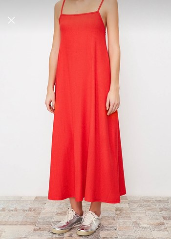 Kırmızı Askılı Uzun Salaş Elbise - Görsel 5