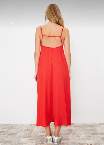 Kırmızı Askılı Uzun Salaş Elbise - Görsel 3