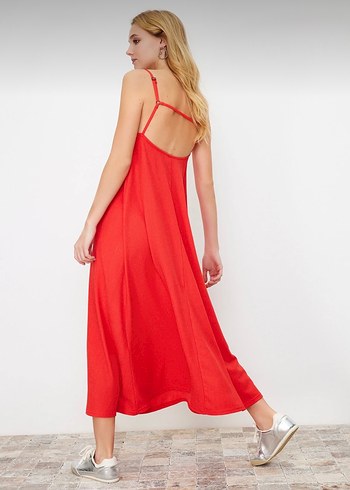Kırmızı Askılı Uzun Salaş Elbise - Görsel 2