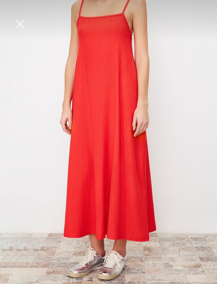 Kırmızı Askılı Uzun Salaş Elbise - Görsel 5