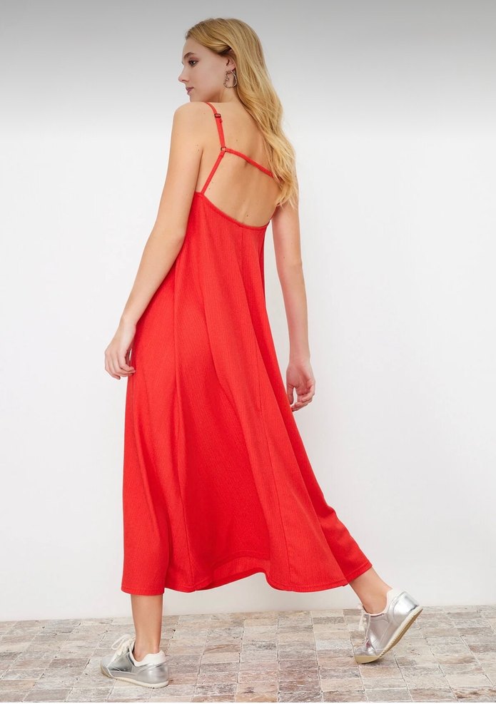 Kırmızı Askılı Uzun Salaş Elbise - Görsel 2