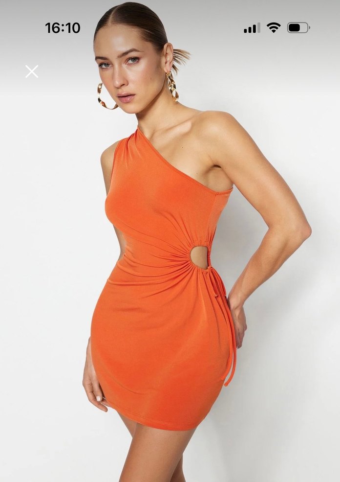 Turuncu Drapeli Mini Elbise - Görsel 3