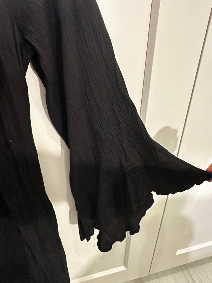 Siyah Uzun Kollu Midi Keten Hırka - Görsel 2