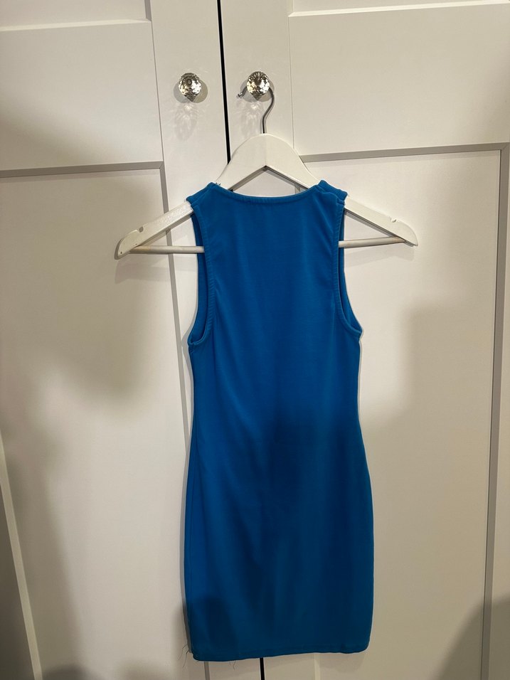 Düz Kesim Mavi Kolsuz Mini Elbise - Görsel 3