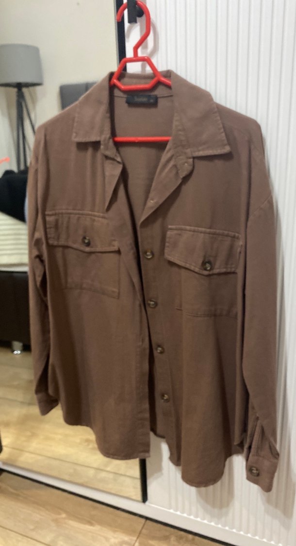 Düğmeli Kahverengi Keten Kadın Gömlek - Görsel 3