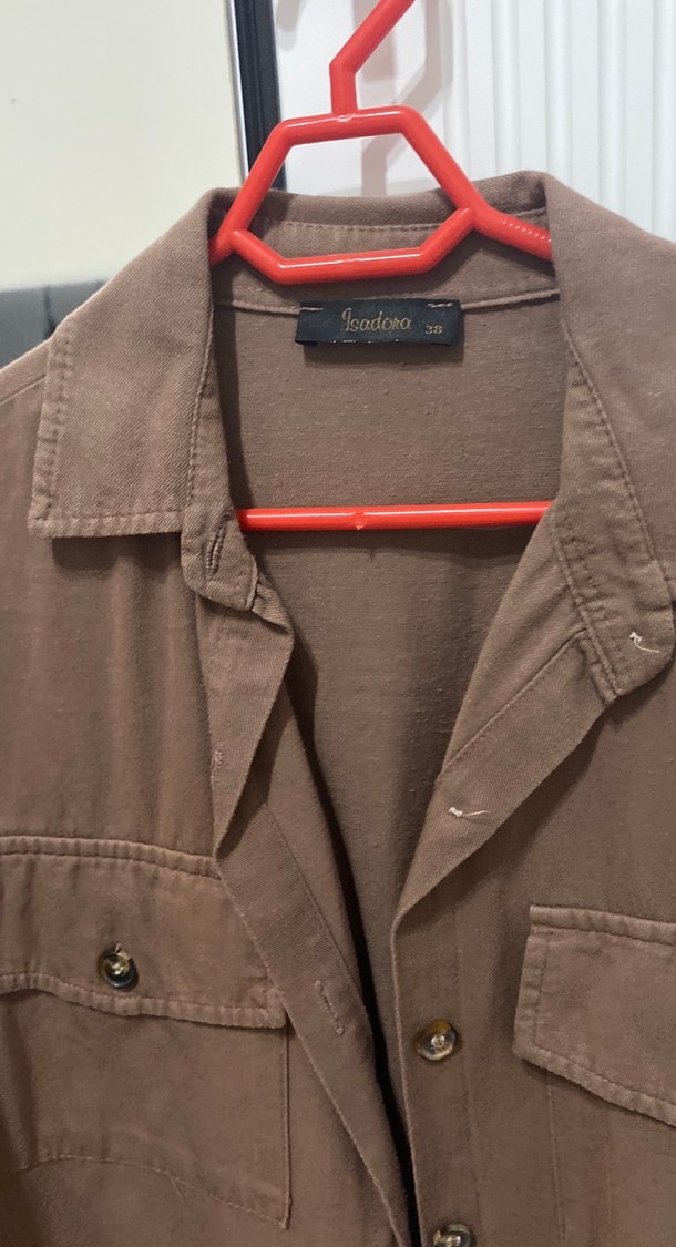 Düğmeli Kahverengi Keten Kadın Gömlek - Görsel 2