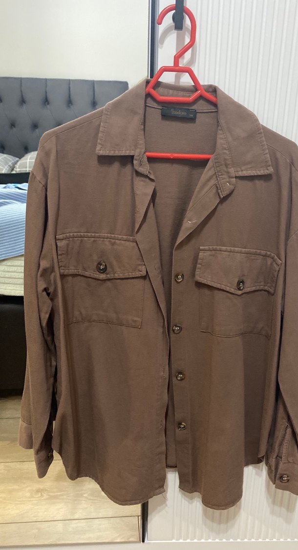 Düğmeli Kahverengi Keten Kadın Gömlek - Görsel 4