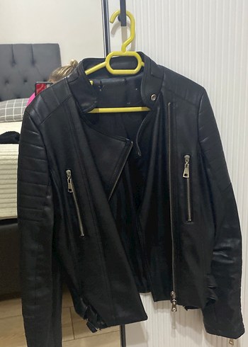 Kadın Siyah Deri Biker Ceket - Görsel 2