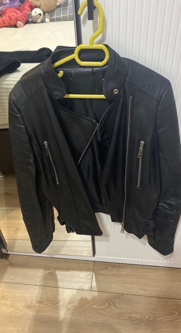 Kadın Siyah Deri Biker Ceket - Görsel 3