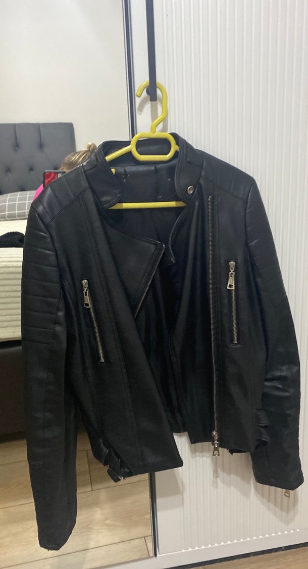 Kadın Siyah Deri Biker Ceket - Görsel 2