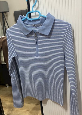 Mavi Çizgili Fermuarlı Kadın Sweatshirt - Görsel 3